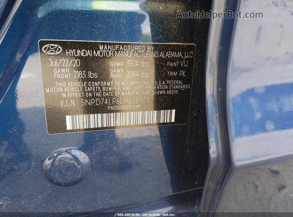5NPD74LF6LH608973 2020 HYUNDAI ELANTRA Blue Widok komory silnika