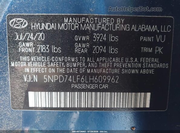 5NPD74LF6LH609962 2020 HYUNDAI ELANTRA Blue Vista del compartimento del motor