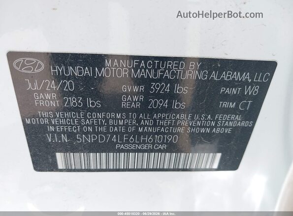 5NPD74LF6LH610190 2020 HYUNDAI ELANTRA White ძრავის განყოფილების ხედი
