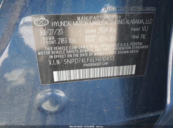 5NPD74LF6LH610433 2020 HYUNDAI ELANTRA Синий Вид подкапотного пространства