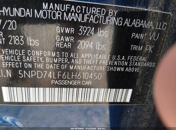 5NPD74LF6LH610450 2020 HYUNDAI ELANTRA Blue Vista del compartimento del motor