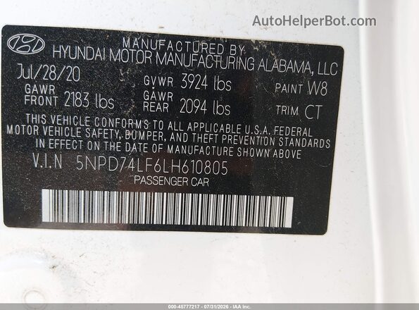 5NPD74LF6LH610805 2020 HYUNDAI ELANTRA White Вид підкапотного простору