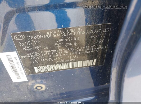 5NPD74LF6LH611288 2020 HYUNDAI ELANTRA Blue Вид підкапотного простору