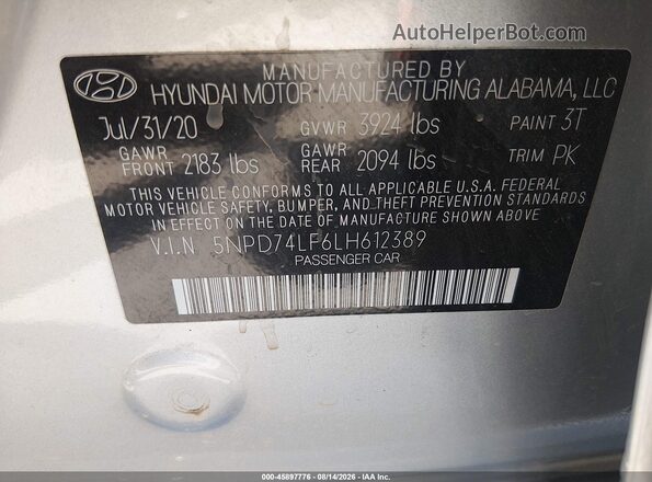 5NPD74LF6LH612389 2020 HYUNDAI ELANTRA Silver Widok komory silnika