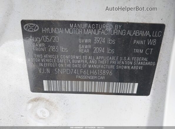 5NPD74LF6LH613896 2020 HYUNDAI ELANTRA White Vista del compartimento del motor