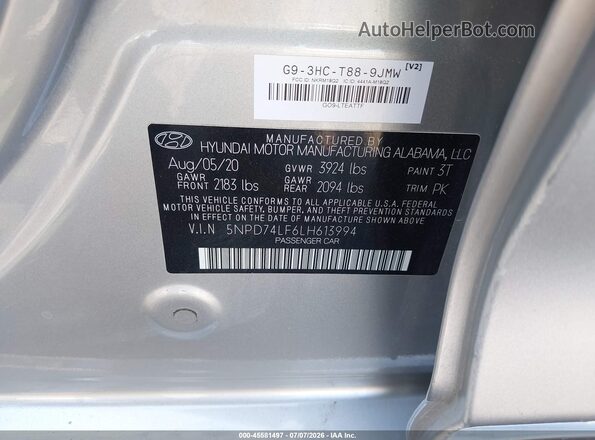 5NPD74LF6LH613994 2020 HYUNDAI ELANTRA Silver Widok komory silnika