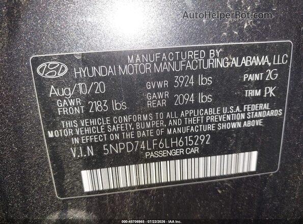5NPD74LF6LH615292 2020 HYUNDAI ELANTRA Gray Շարժիչի բաժամունքի տեսք