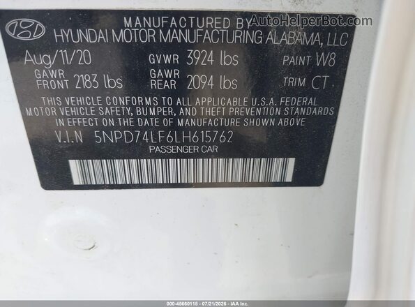 5NPD74LF6LH615762 2020 HYUNDAI ELANTRA White Vista del compartimento del motor