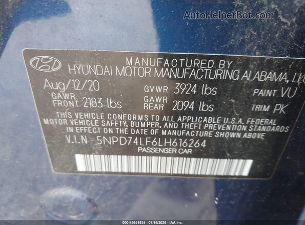 5NPD74LF6LH616264 2020 HYUNDAI ELANTRA Blue Widok komory silnika