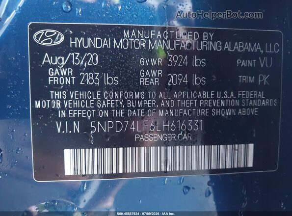 5NPD74LF6LH616331 2020 HYUNDAI ELANTRA Blue Շարժիչի բաժամունքի տեսք