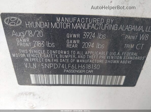 5NPD74LF6LH618130 2020 HYUNDAI ELANTRA White Շարժիչի բաժամունքի տեսք