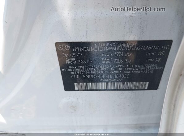5NPD74LF7HH184856 2017 HYUNDAI ELANTRA White ძრავის განყოფილების ხედი
