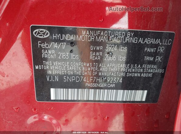 5NPD74LF7HH192374 2017 HYUNDAI ELANTRA Red Engine compartment view