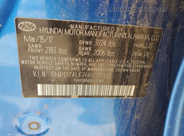 5NPD74LF7HH205513 2017 HYUNDAI ELANTRA Blue Вид підкапотного простору