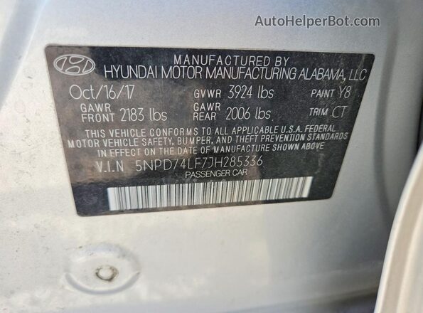 5NPD74LF7JH285336 2018 HYUNDAI ELANTRA Silver VIN კოდის სტიკერის ხედი