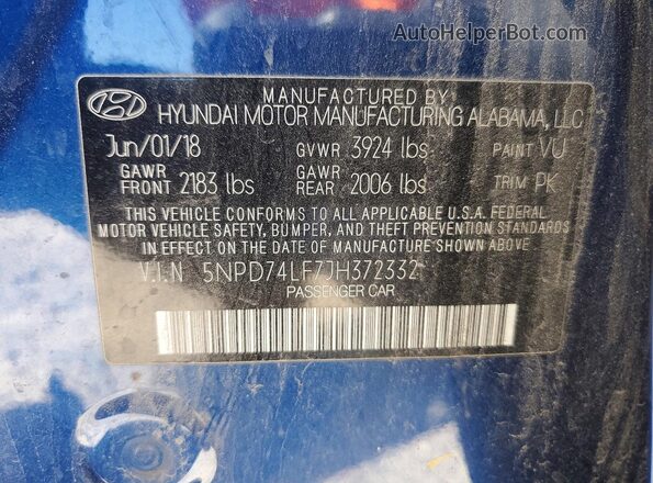 5NPD74LF7JH372332 2018 HYUNDAI ELANTRA Blue VIN կոդի պիտակի տեսք