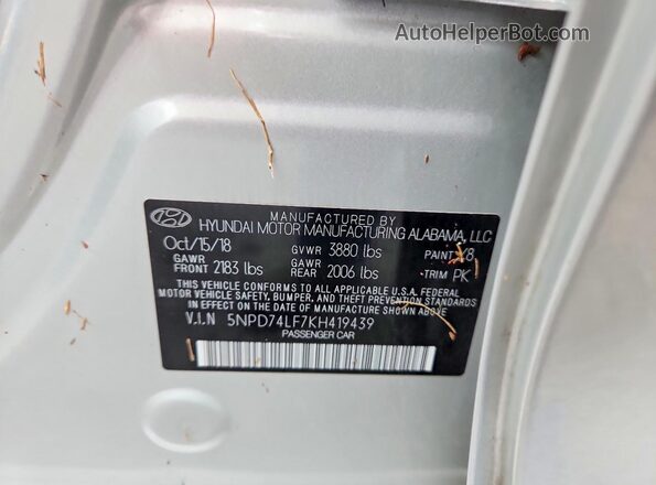 5NPD74LF7KH419439 2019 HYUNDAI ELANTRA Silver Շարժիչի բաժամունքի տեսք