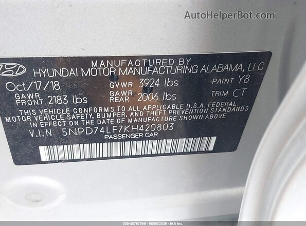 5NPD74LF7KH420803 2019 HYUNDAI ELANTRA Silver Engine compartment view