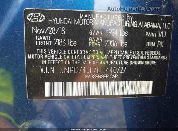 5NPD74LF7KH440727 2019 HYUNDAI ELANTRA Blue Engine compartment view