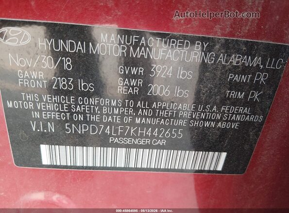 5NPD74LF7KH442655 2019 HYUNDAI ELANTRA Красный Вид подкапотного пространства