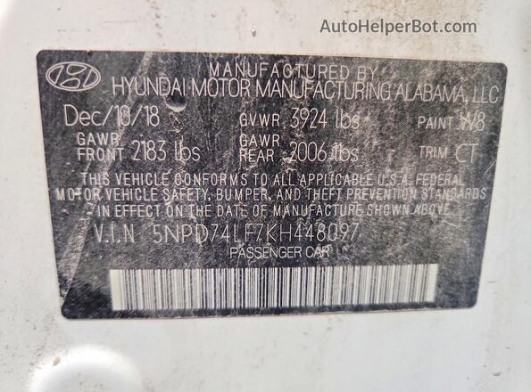 5NPD74LF7KH448097 2019 HYUNDAI ELANTRA White VIN კოდის სტიკერის ხედი