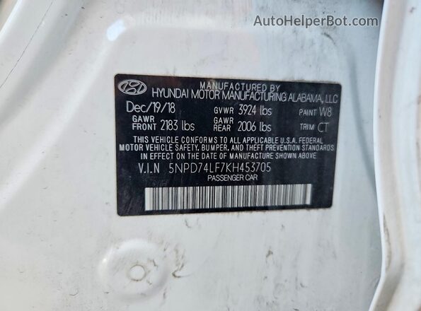 5NPD74LF7KH453705 2019 HYUNDAI ELANTRA Белый Вид наклейки с VIN-кодом