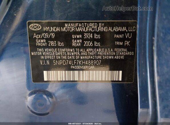5NPD74LF7KH488907 2019 HYUNDAI ELANTRA Blue ძრავის განყოფილების ხედი