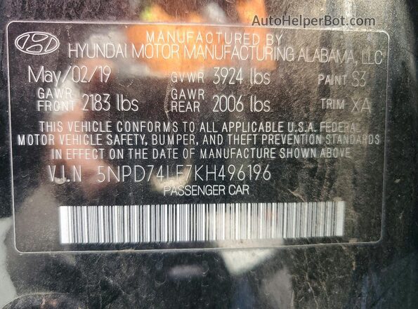 5NPD74LF7KH496196 2019 HYUNDAI ELANTRA Black VIN կոդի պիտակի տեսք