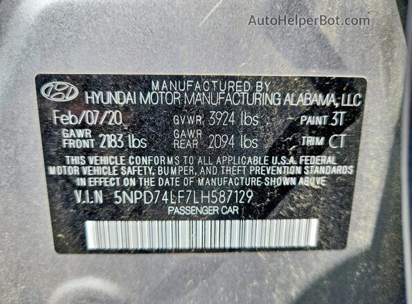 5NPD74LF7LH587129 2020 HYUNDAI ELANTRA Silver VIN კოდის სტიკერის ხედი