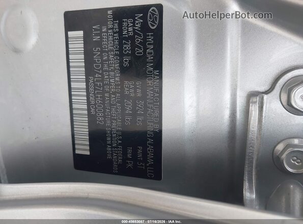 5NPD74LF7LH600882 2020 HYUNDAI ELANTRA Silver Շարժիչի բաժամունքի տեսք