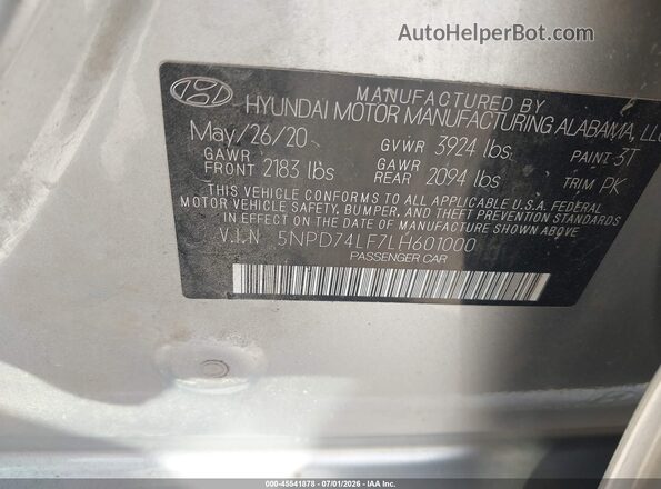 5NPD74LF7LH601000 2020 HYUNDAI ELANTRA Silver Widok komory silnika