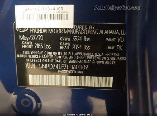 5NPD74LF7LH601109 2020 HYUNDAI ELANTRA Blue Vista del compartimento del motor