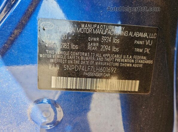 5NPD74LF7LH601692 2020 HYUNDAI ELANTRA Blue Engine compartment view
