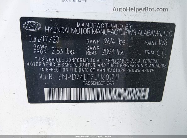 5NPD74LF7LH601711 2020 HYUNDAI ELANTRA Белый Вид подкапотного пространства