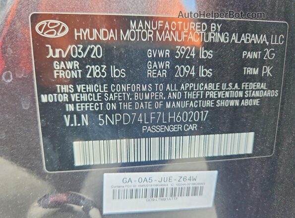 5NPD74LF7LH602017 2020 HYUNDAI ELANTRA Gray Vista del compartimento del motor