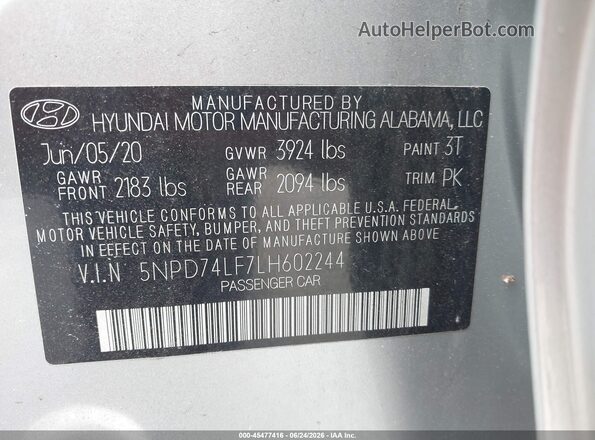 5NPD74LF7LH602244 2020 HYUNDAI ELANTRA Silver Շարժիչի բաժամունքի տեսք