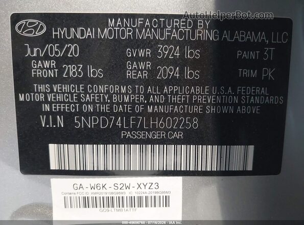 5NPD74LF7LH602258 2020 HYUNDAI ELANTRA Silver Widok komory silnika