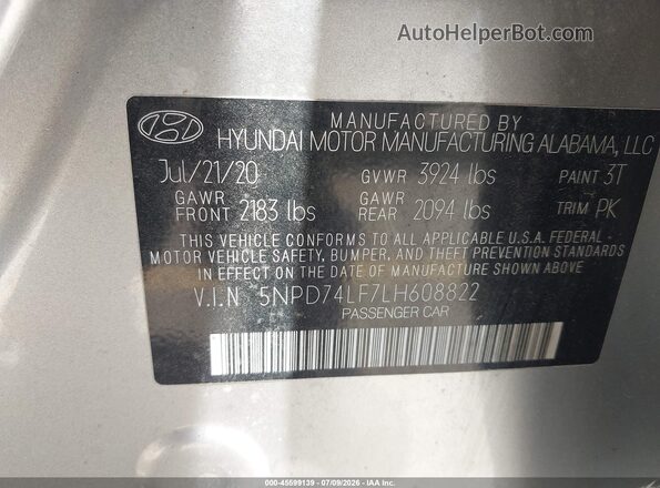 5NPD74LF7LH608822 2020 HYUNDAI ELANTRA Silver Vista del compartimento del motor