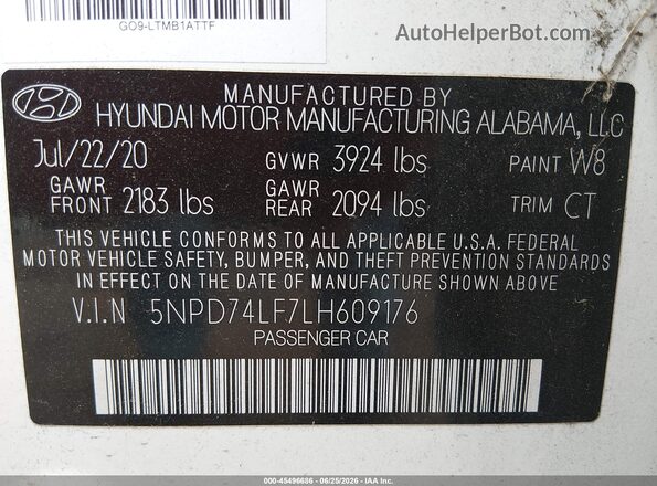 5NPD74LF7LH609176 2020 HYUNDAI ELANTRA White ძრავის განყოფილების ხედი