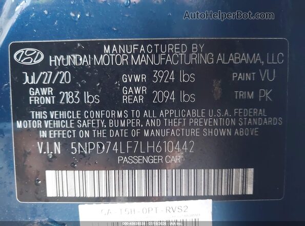 5NPD74LF7LH610442 2020 HYUNDAI ELANTRA Blue Вид підкапотного простору