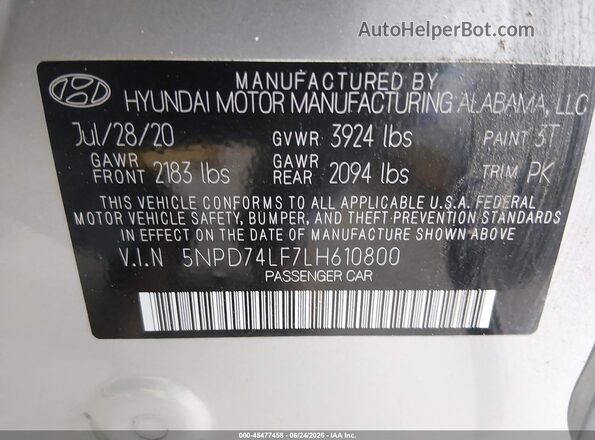 5NPD74LF7LH610800 2020 HYUNDAI ELANTRA Gray ძრავის განყოფილების ხედი