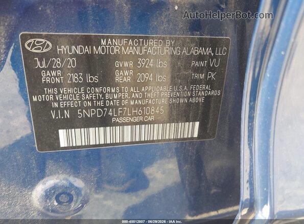 5NPD74LF7LH610845 2020 HYUNDAI ELANTRA Blue Вид підкапотного простору