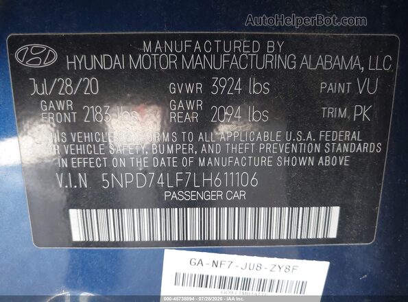 5NPD74LF7LH611106 2020 HYUNDAI ELANTRA Blue Engine compartment view