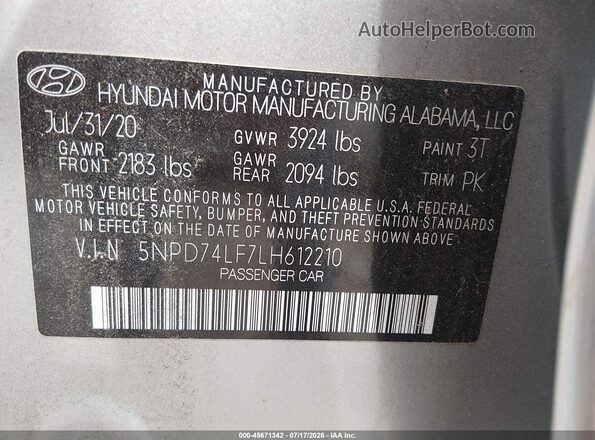 5NPD74LF7LH612210 2020 HYUNDAI ELANTRA Серебряный Вид подкапотного пространства