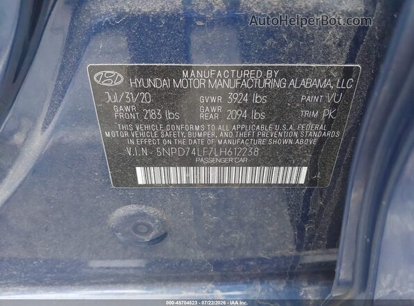 5NPD74LF7LH612238 2020 HYUNDAI ELANTRA Blue Շարժիչի բաժամունքի տեսք