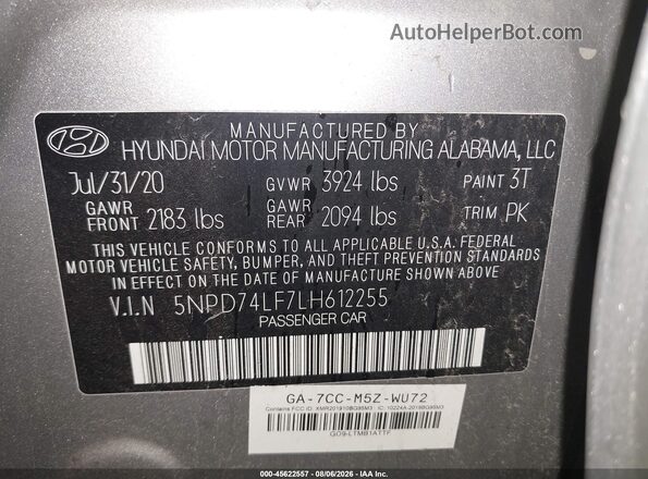 5NPD74LF7LH612255 2020 HYUNDAI ELANTRA Silver Vista del compartimento del motor
