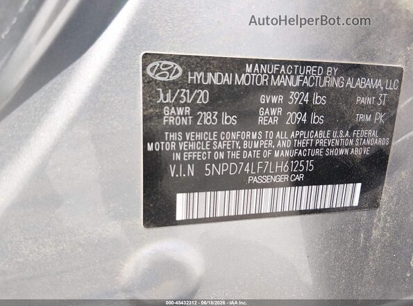 5NPD74LF7LH612515 2020 HYUNDAI ELANTRA Серебряный Вид подкапотного пространства