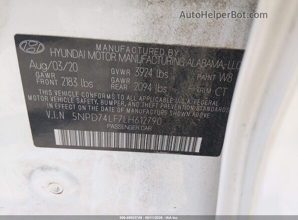 5NPD74LF7LH612790 2020 HYUNDAI ELANTRA White Engine compartment view
