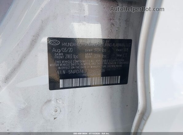 5NPD74LF7LH612806 2020 HYUNDAI ELANTRA Белый Вид подкапотного пространства