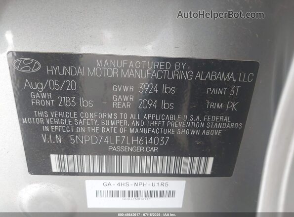 5NPD74LF7LH614037 2020 HYUNDAI ELANTRA Silver Widok komory silnika